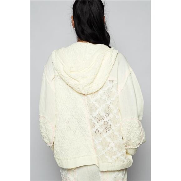 POL Exposed Seam Button Down Hooded Jacket with Lace Detail - Picture 4 of 7